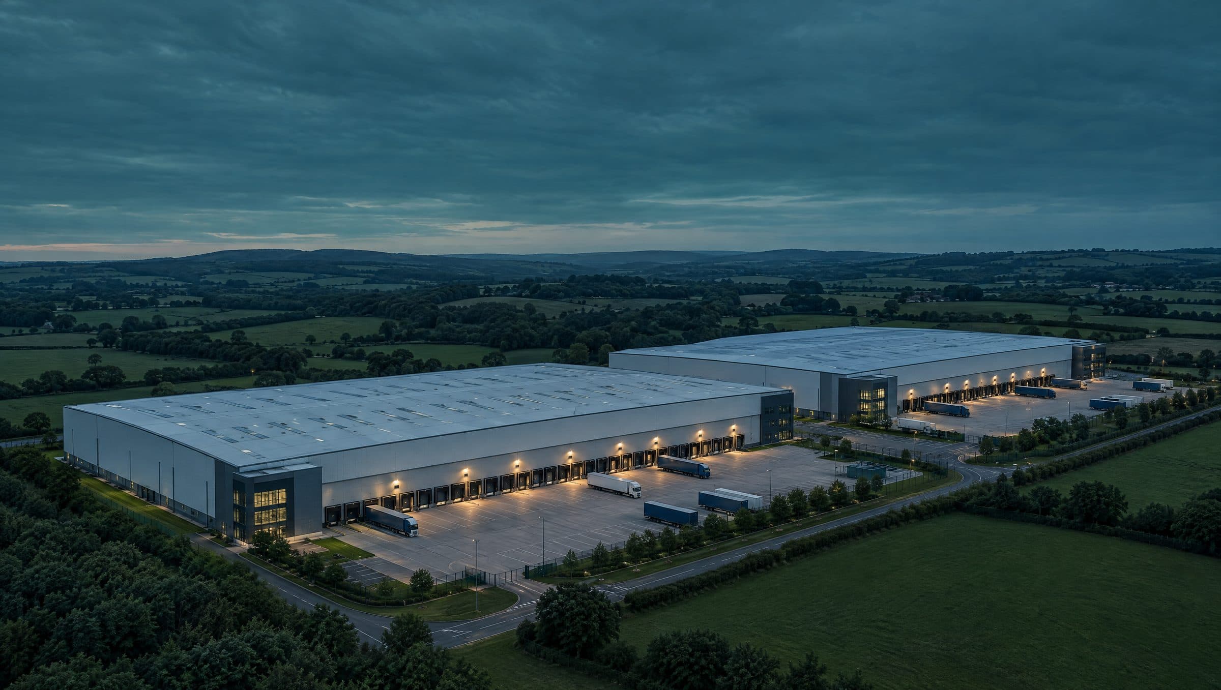 Aerial view of a logistics park at dusk, two distribution warehouses with lit loading docks in open countryside