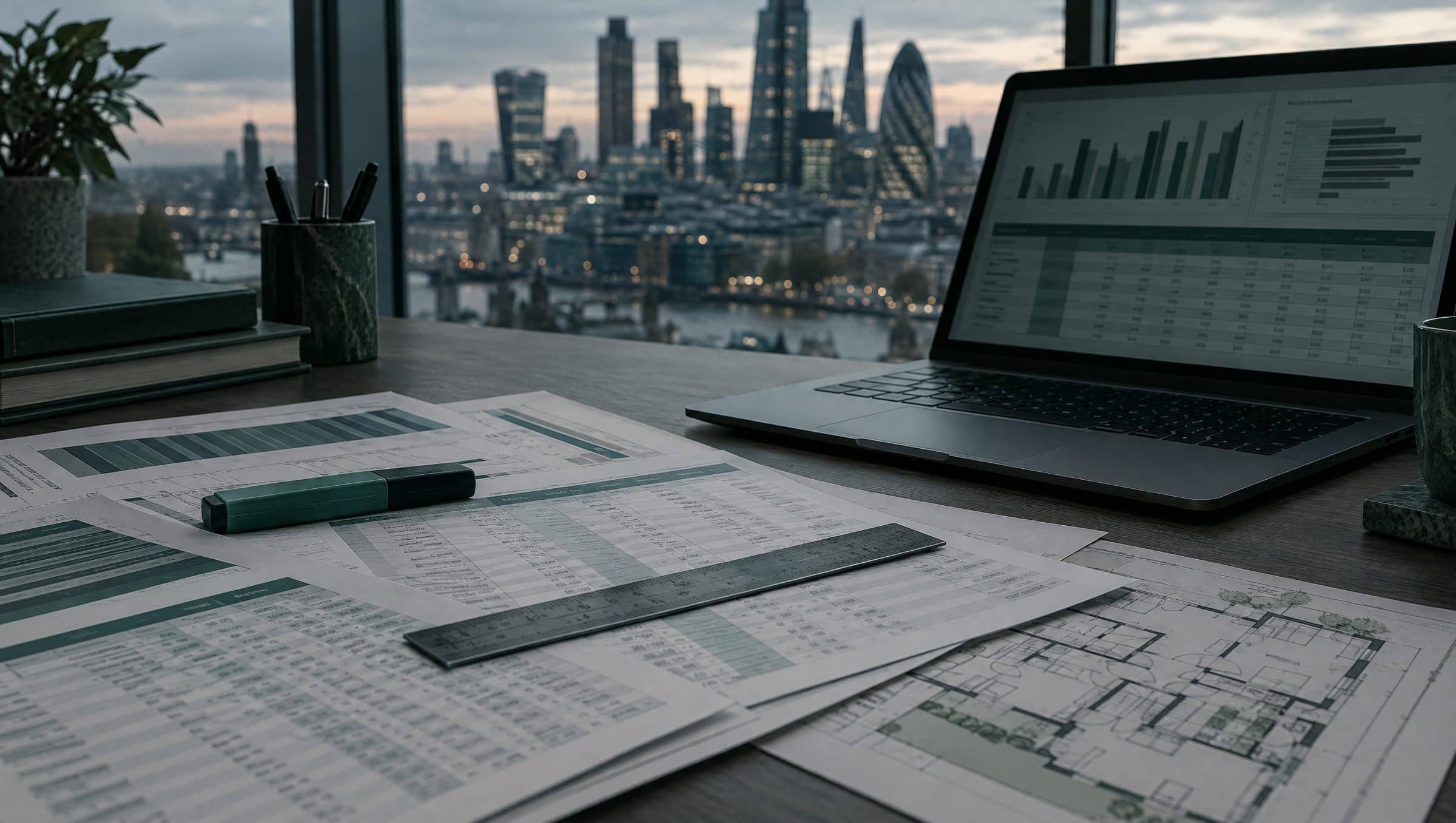 A desk at dusk with printed rent roll schedules, a floor plan and a laptop showing charts and a data table, the City of London skyline beyond