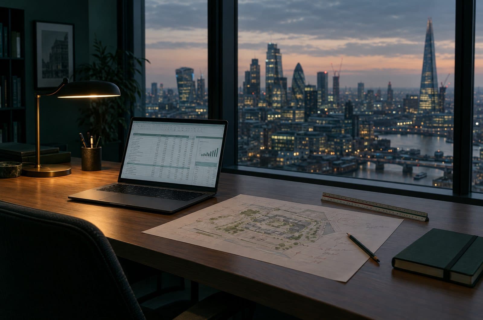 An analyst's desk at dusk with a cashflow model on a laptop and an annotated site plan, the City of London beyond