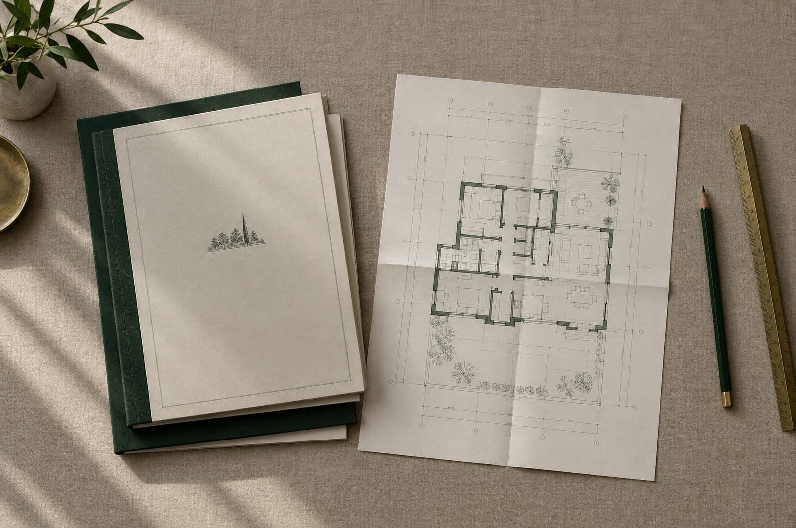 Bound investment memos and a folded architectural floor plan on a stone-coloured linen surface