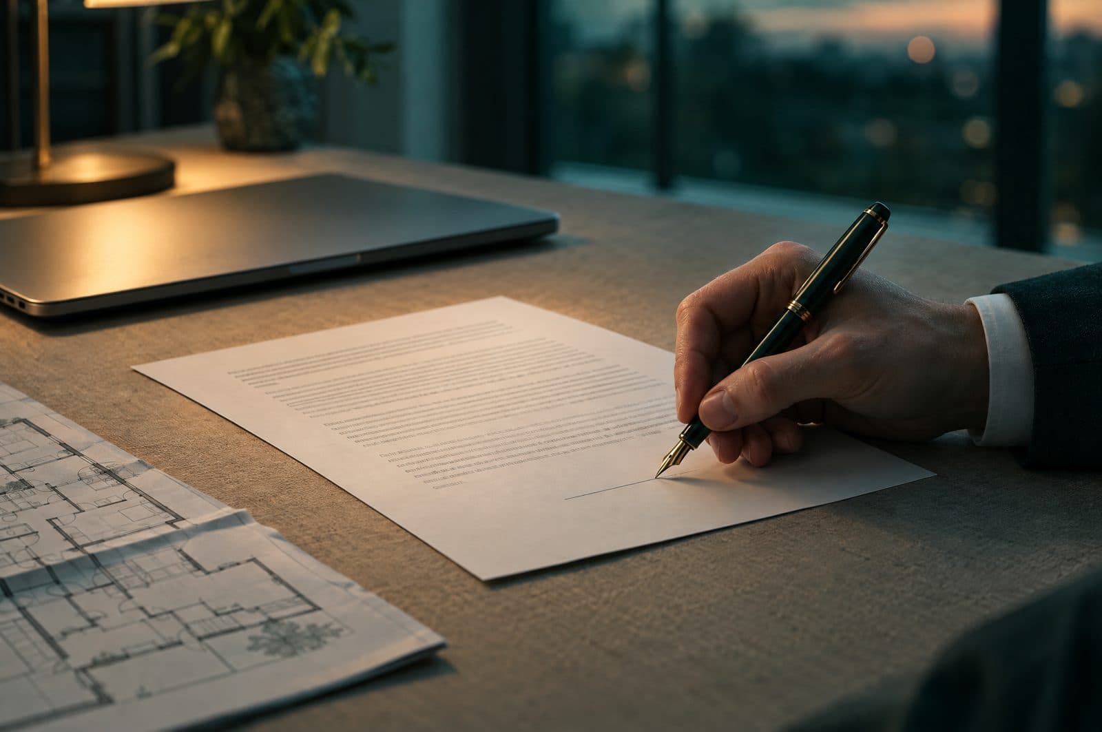 A hand with a fountain pen about to sign a printed approval page on a linen-covered desk, a closed laptop and a floor plan beside it