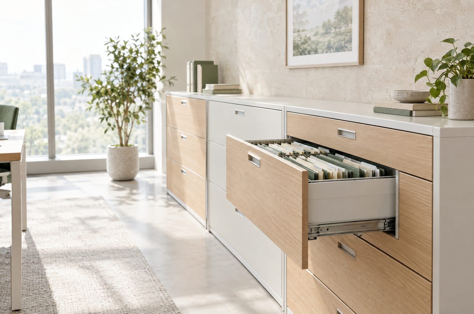A bright modern office with pale oak and white lateral filing cabinets, one drawer open on neatly tabbed folders